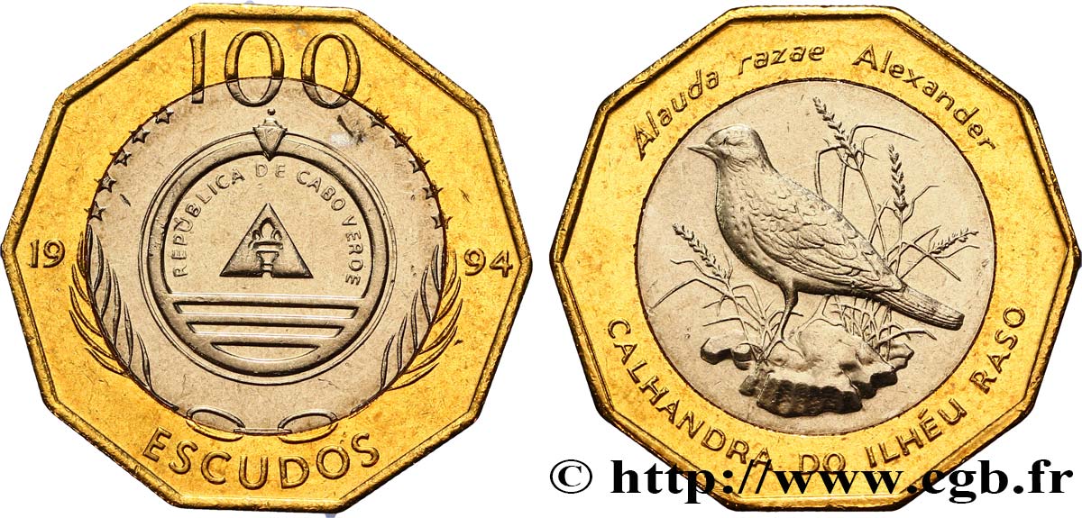 CABO VERDE 100 Escudos série ornithologique  : emblème / Alauda razae (Alouette de Razo) 1994  EBC 