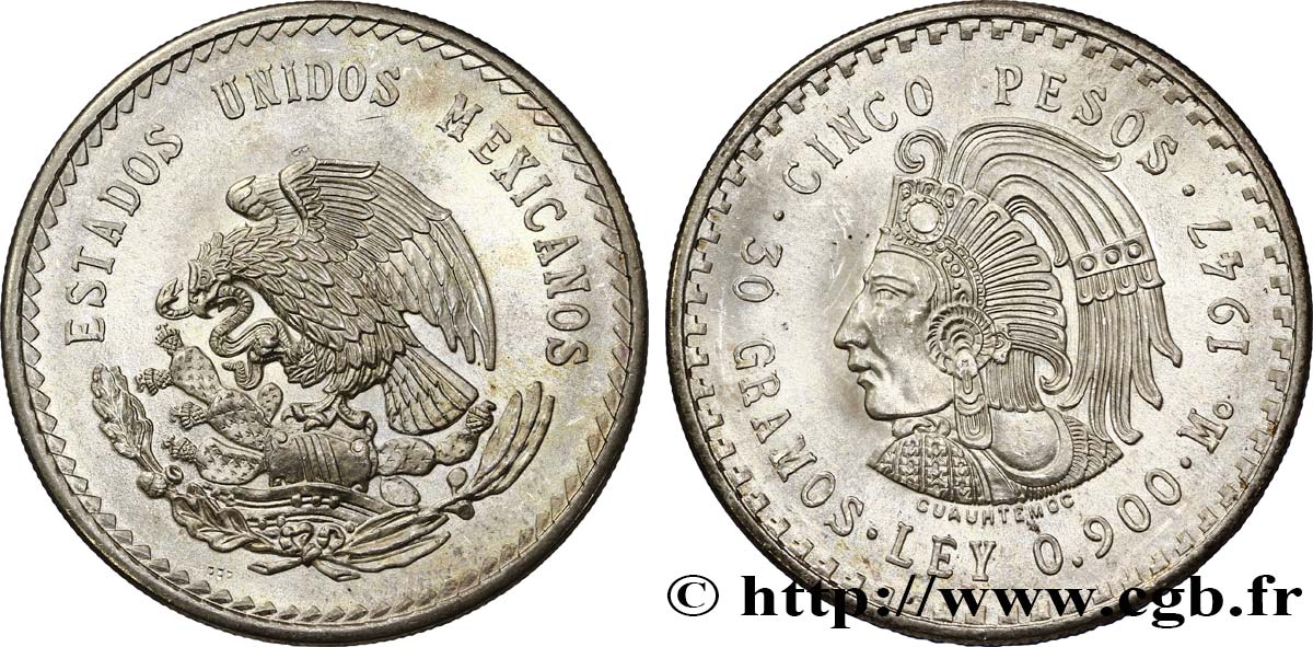 MÉXICO 5 Pesos Aigle / buste de Cuauhtemoc 1947 Mexico SC 