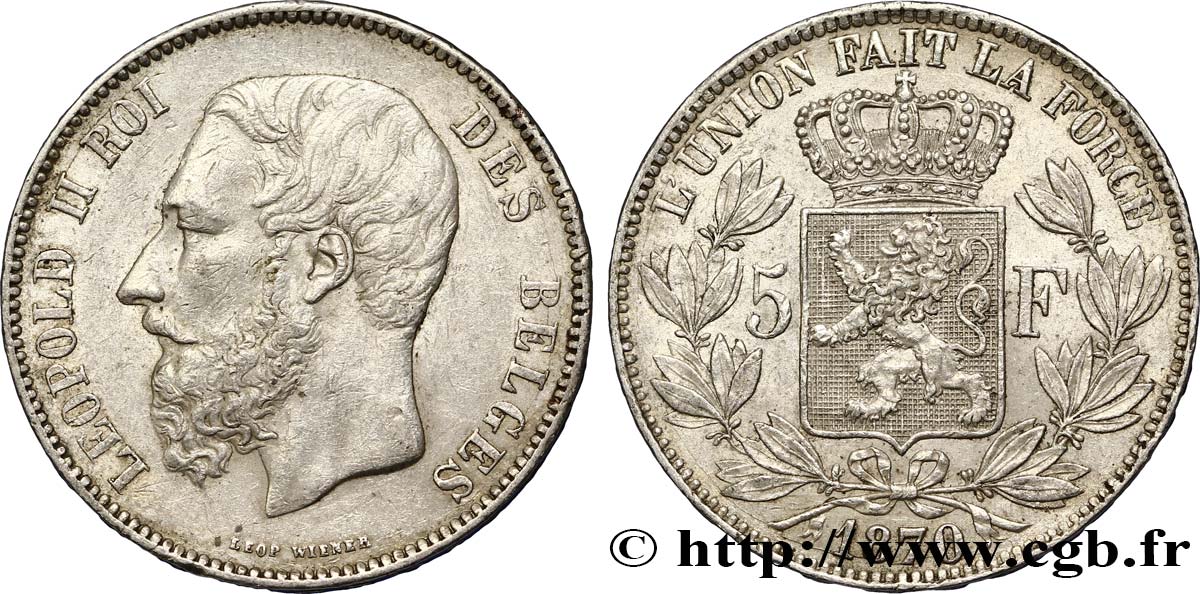 BELGIUM 5 Francs Léopold II tranche A 1870  XF 