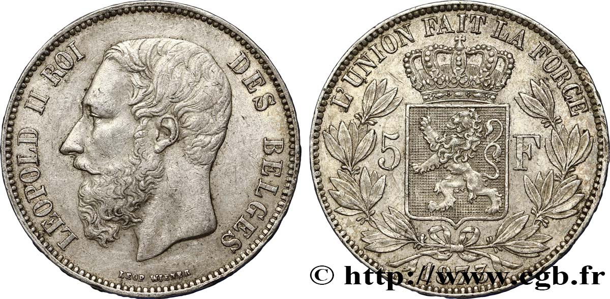 BÉLGICA 5 Francs Léopold II 1873  BC+/MBC+ 