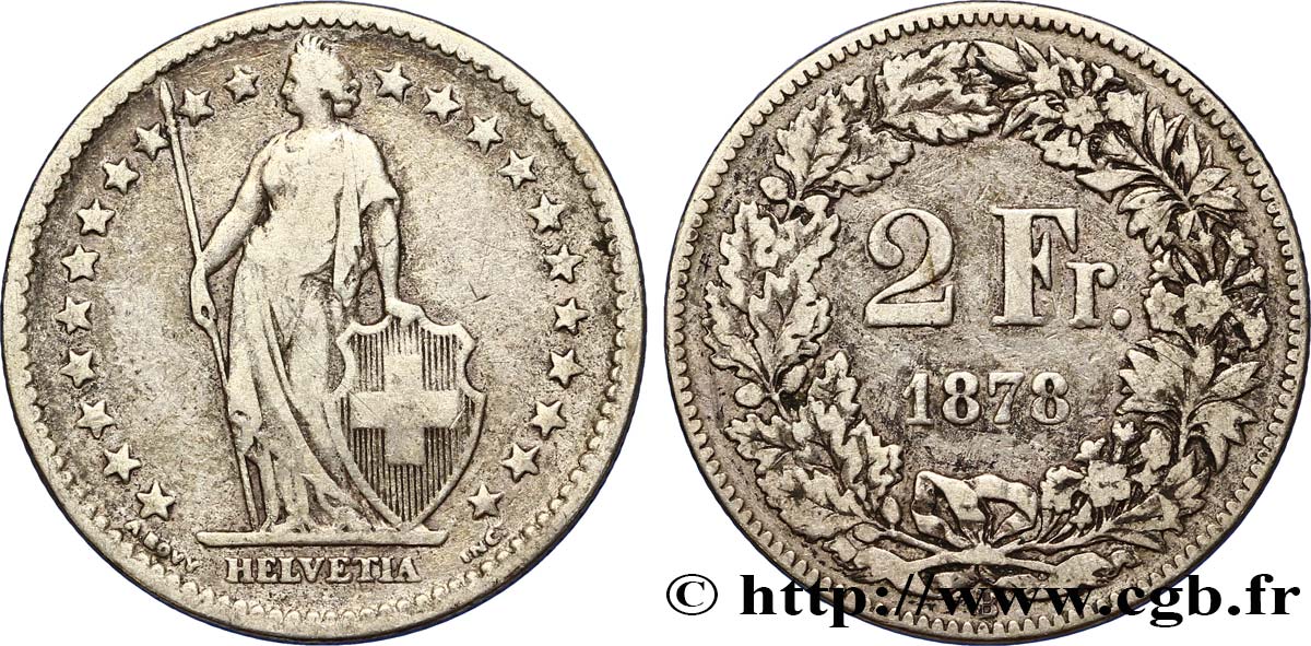 SWITZERLAND 2 Francs Helvetia 1878 Berne XF 