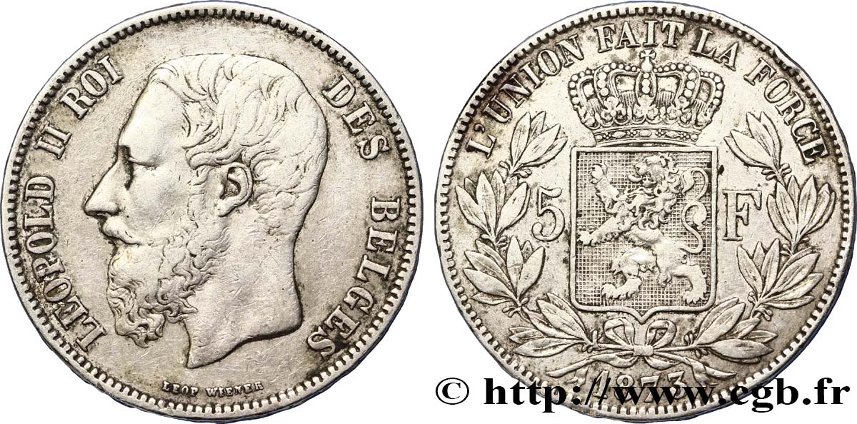 BELGIO 5 Francs Léopold II 1873  q.BB/q.SPL 