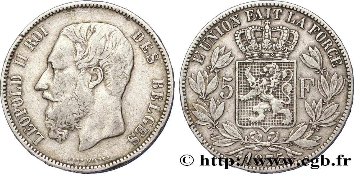 BELGIEN 5 Francs Léopold II 1875  fSS 