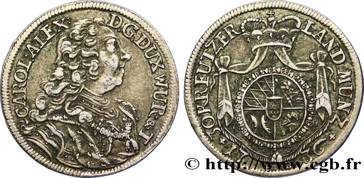 ALEMANIA - WURTEMBERG 30 Kreuzer (1/2 Gulden ou1/3 Thaler 1736 Stuttgart MBC 