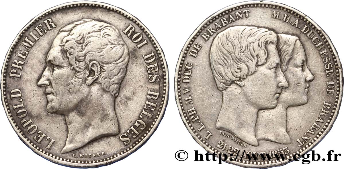 BELGIUM 5 Francs mariage du Duc et de la Duchesse de Brabant 1853  XF 