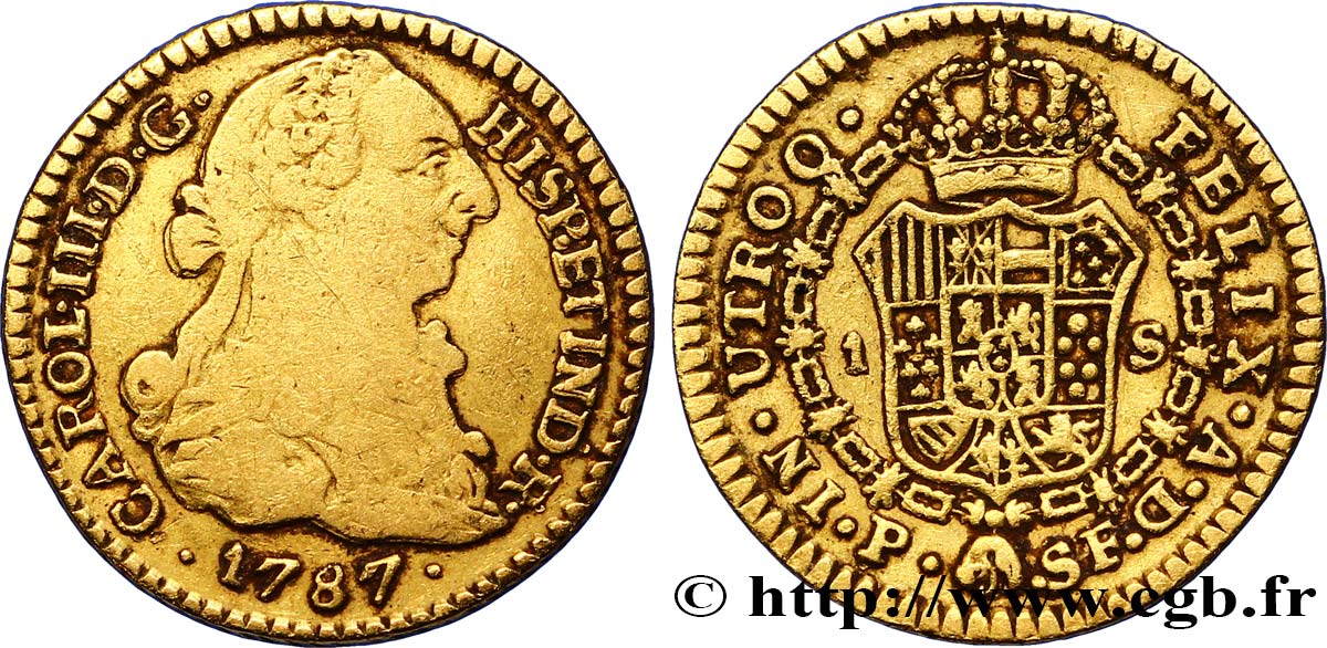COLOMBIA 1 Escudo or Charles III d’Espagne 1787 Popayan VF 