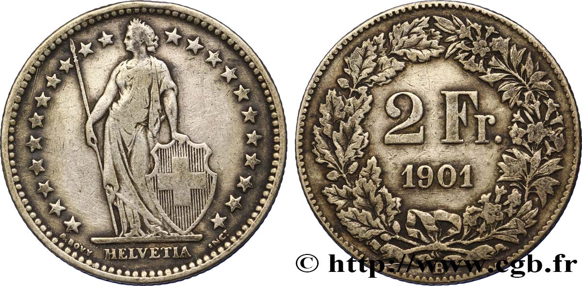 SWITZERLAND 2 Francs Helvetia 1901 Berne VF 