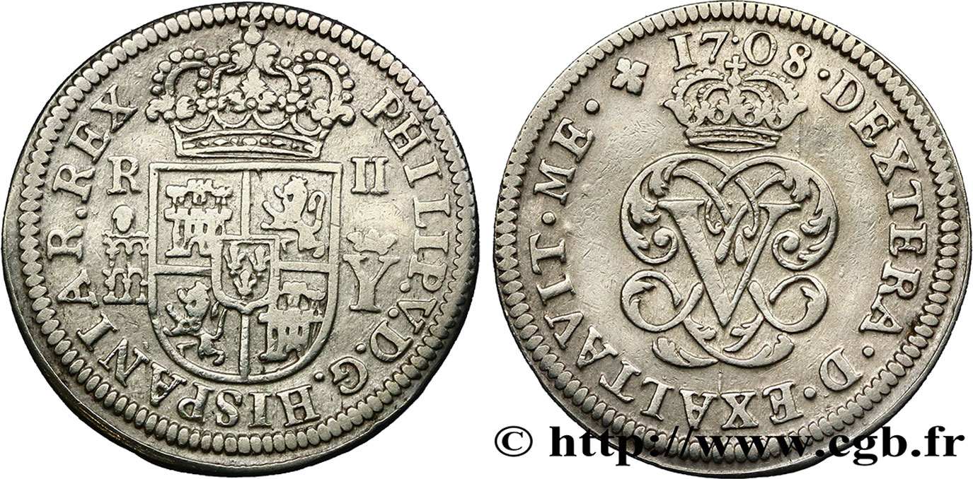 SPANIEN 2 Reales au nom de Philippe V 1708 Ségovie SS 