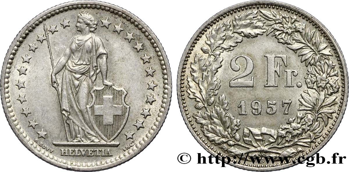 SVIZZERA  2 Francs Helvetia 1957 Berne SPL 
