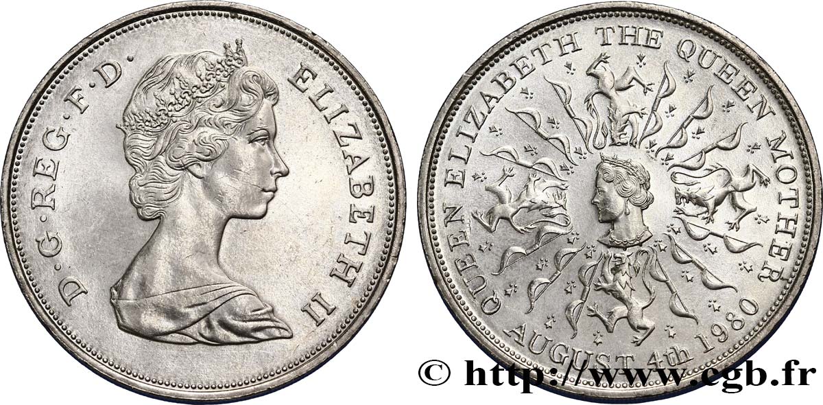 REGNO UNITO 25 New Pence (1 Crown) 80e anniversaire de la reine mère 1980  SPL 