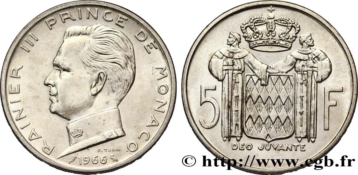 MONACO 5 Francs Prince Rainier III / écu 1966 Paris AU 
