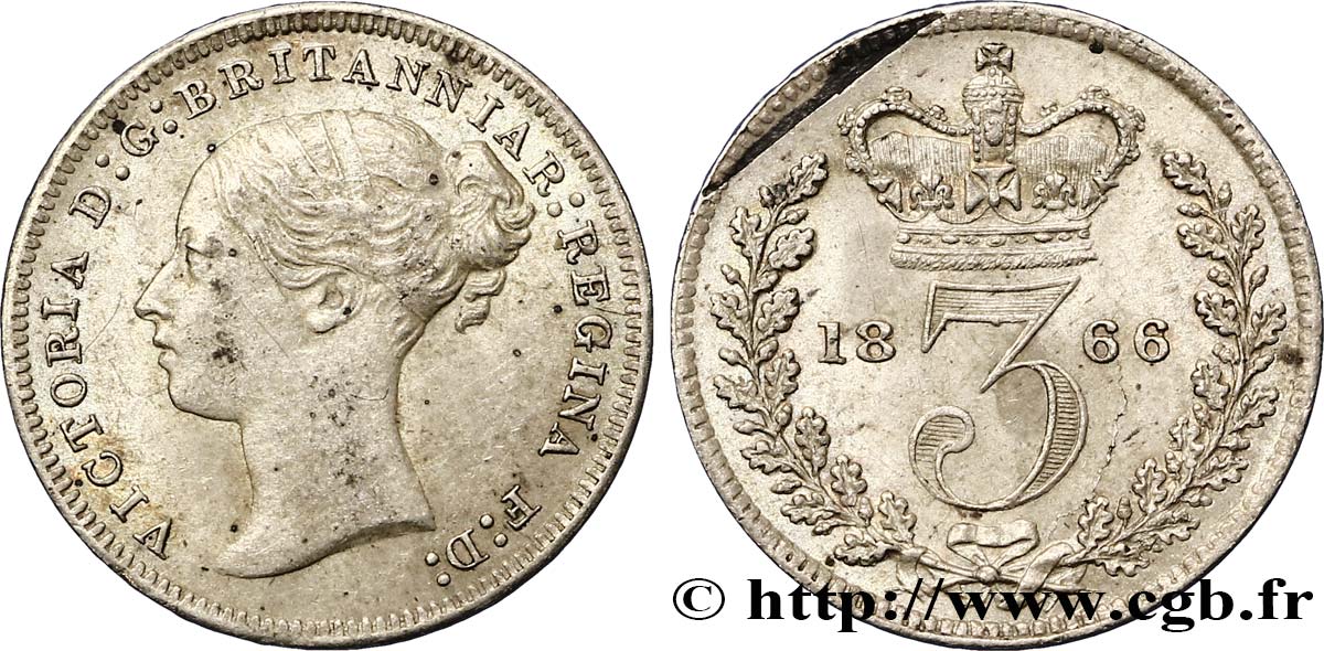 VEREINIGTEN KÖNIGREICH 3 Pence Victoria “Bun Head” 1866  VZ 