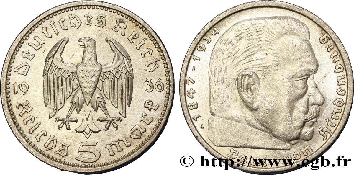 GERMANY 5 Reichsmark Maréchal Paul von Hindenburg 1936 Berlin MS 