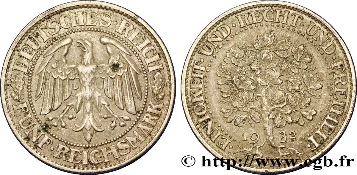 GERMANY 5 Reichsmark 1932 Stuttgart AU 