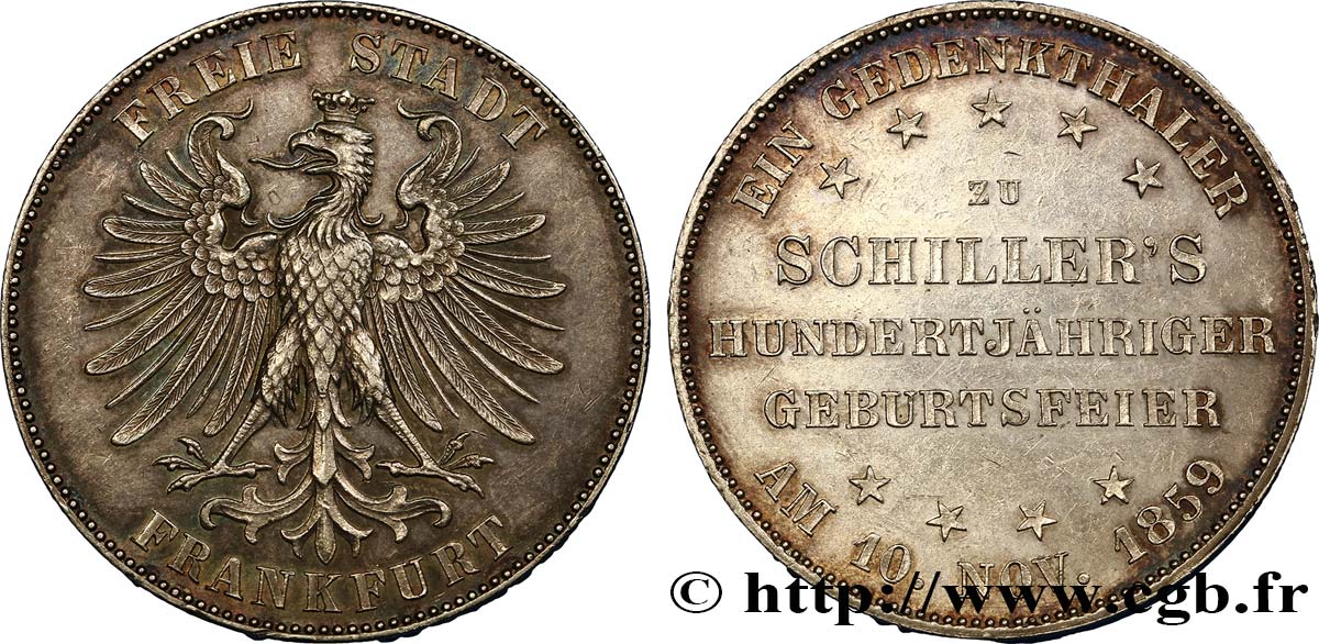 ALEMANIA - CIUDAD LIBRE DE FRáNCFORT 1 Thaler centenaire de Schiller 1859 Francfort EBC 