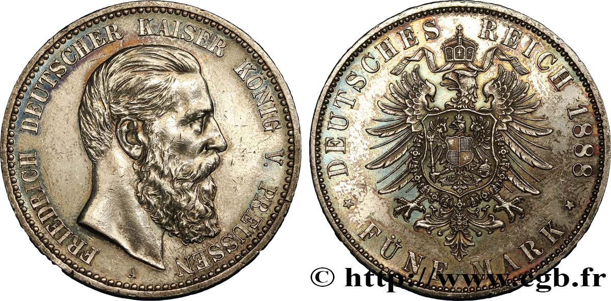 GERMANIA - PRUSSIA 5 Mark Frédéric III 1888 Berlin SPL 