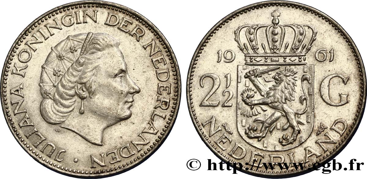 NETHERLANDS 2 1/2 Gulden Juliana 1961 Utrecht AU 