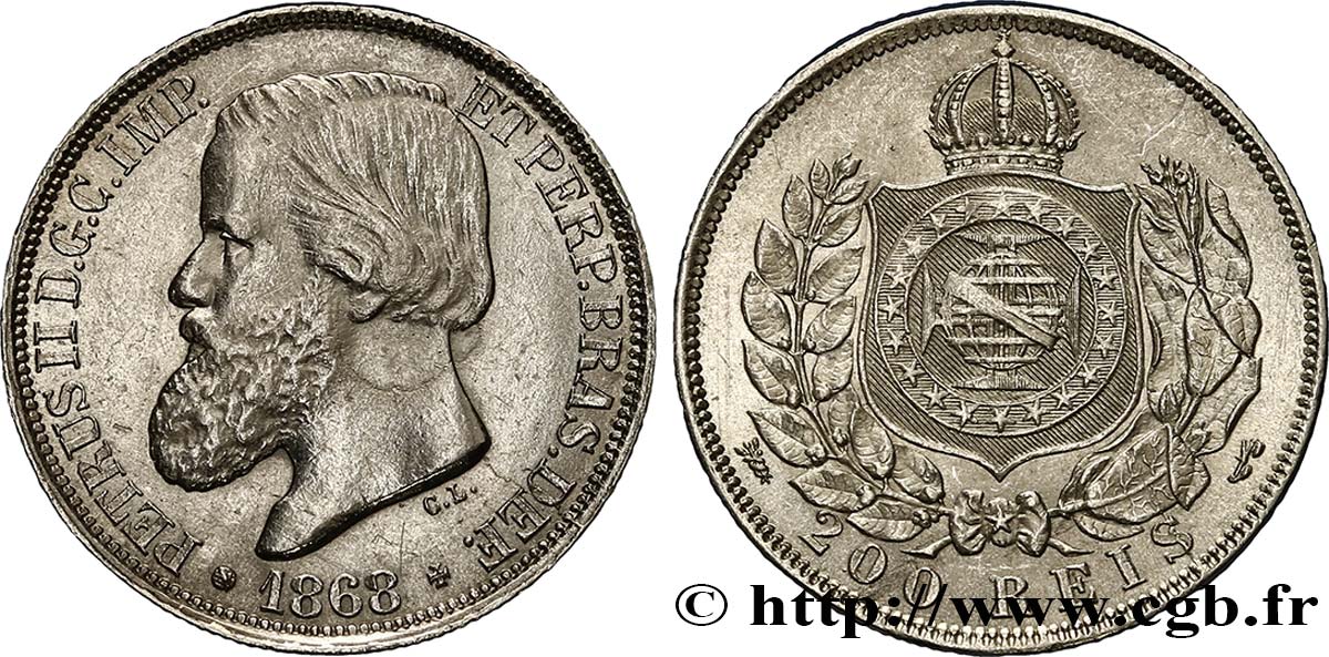 BRAZIL 200 Reis Pierre II 1868  AU 