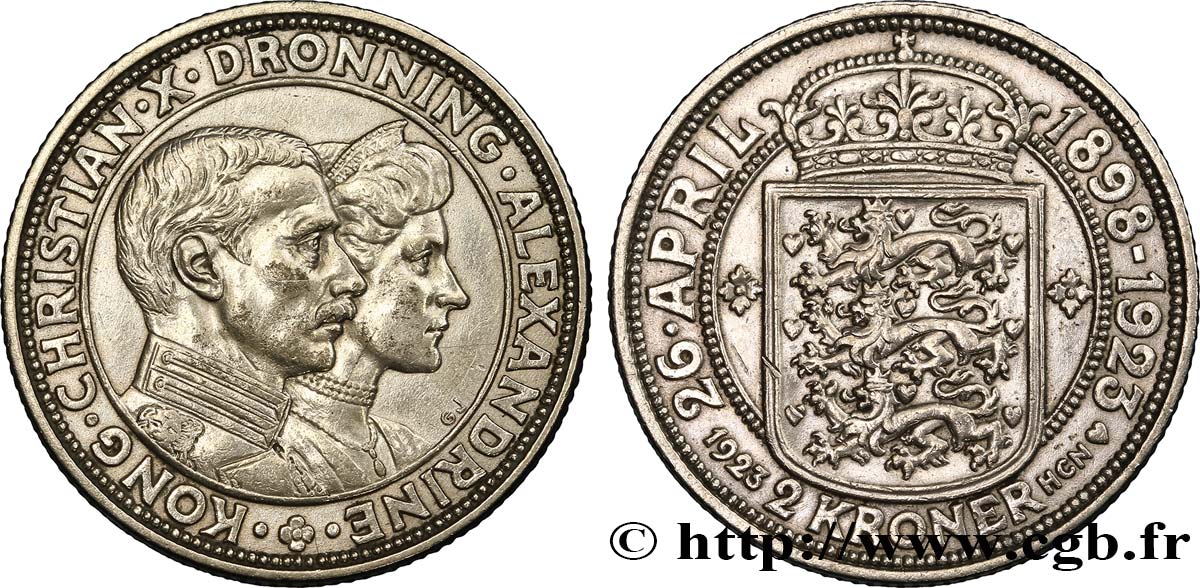 DENMARK 2 Kroner Noces d’argent du couple royale 1923 Copenhague XF 