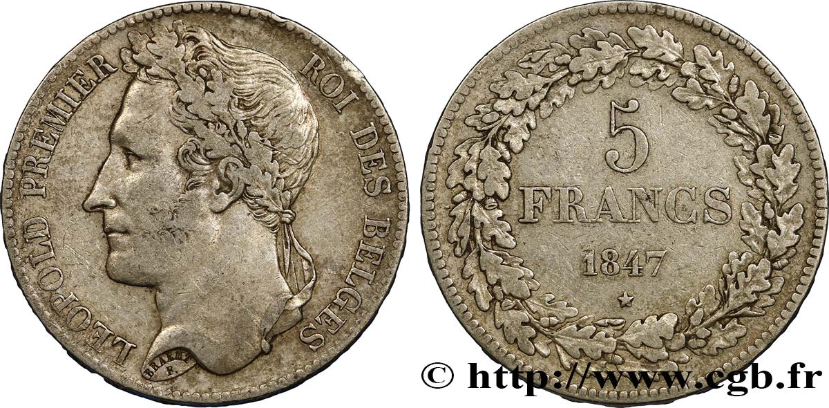 BELGIUM 5 Francs Léopold Ier tête lauréeinternet 1847  XF 