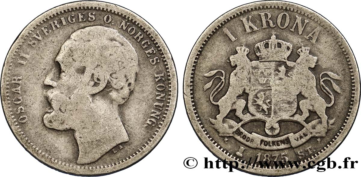 SUECIA 1 Krona Oscar II 1875  BC 