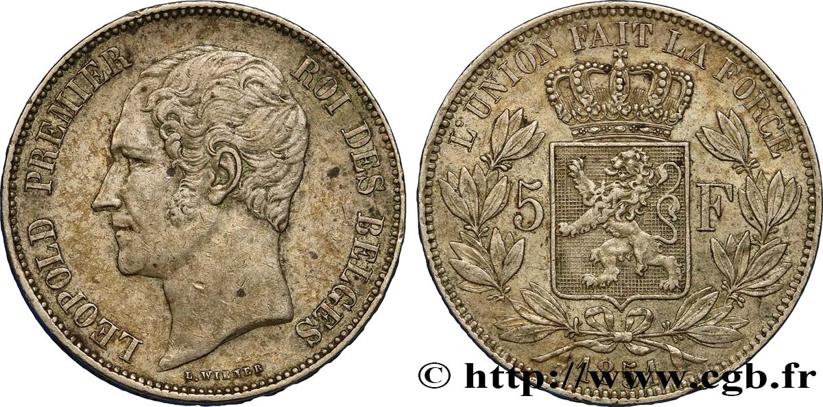 BELGIEN 5 Francs Léopold Ier 1851  SS 