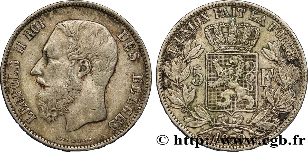 BÉLGICA 5 Francs Léopold II 1870  BC+ 