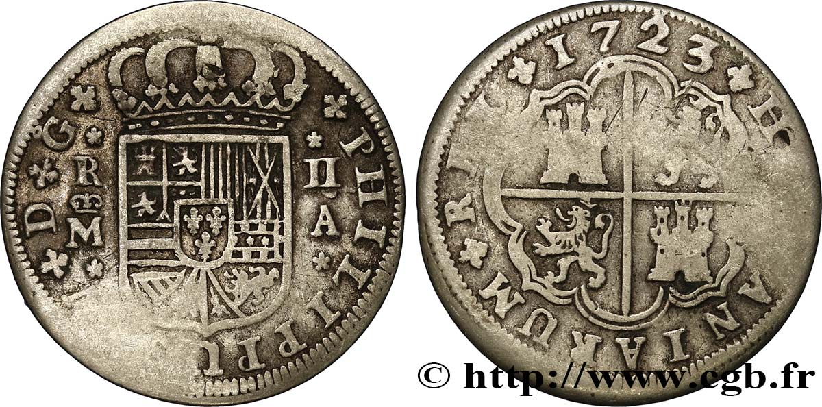 SPAGNA 2 Reales au nom de Philippe V 1723 Madrid MB 