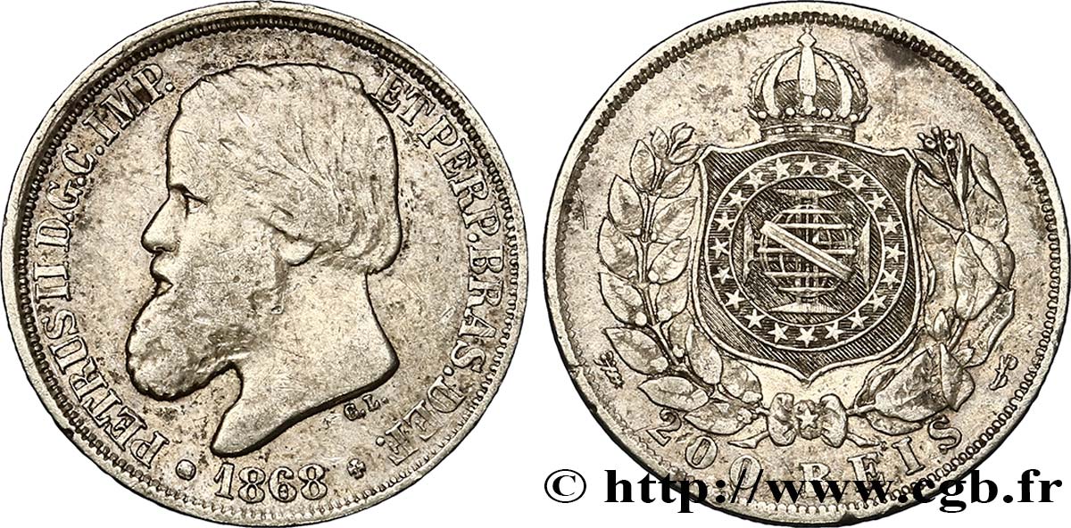 BRAZIL 200 Reis Empereur Pierre II 1868  XF 