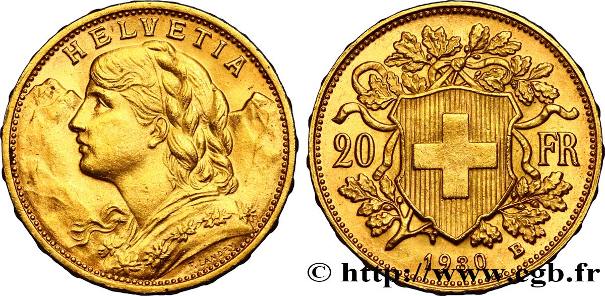 SVIZZERA  20 Francs or  Vreneli  1930 Berne SPL 