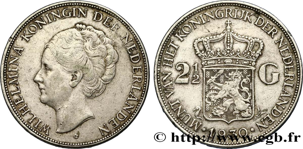 NIEDERLANDE 2 1/2 Gulden Wilhelmina 1930  SS 