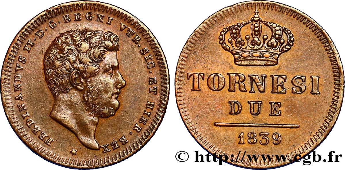 ITALY - KINGDOM OF THE TWO SICILIES 2 Tornesi Ferdinand II 1839 Naples AU 