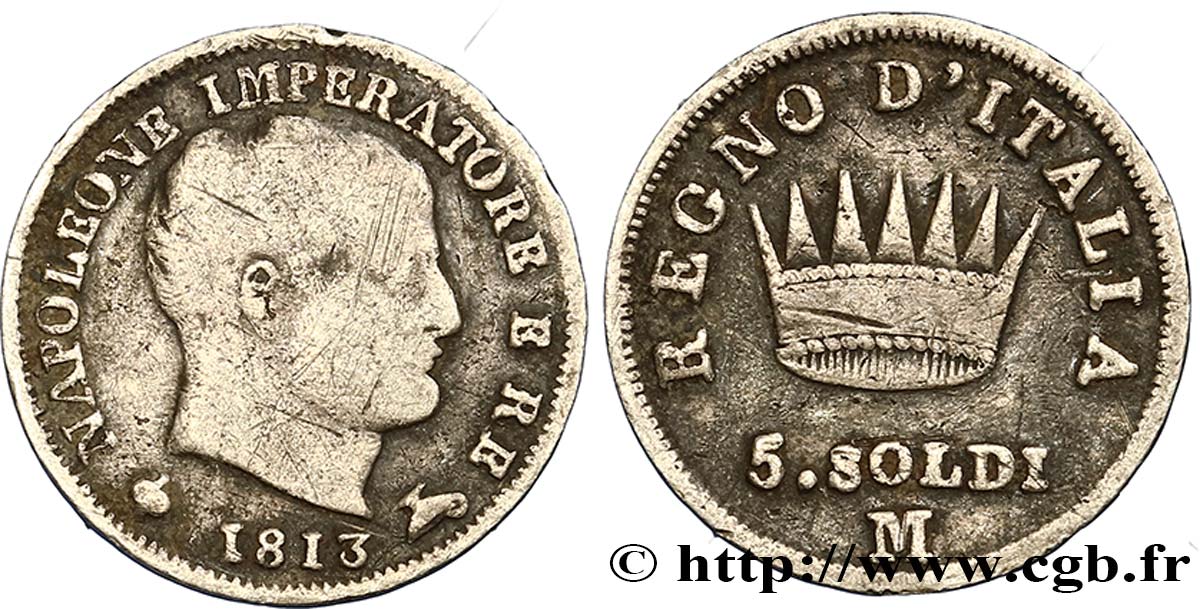 ITALY - KINGDOM OF ITALY - NAPOLEON I 5 Soldi 1813 Milan VF 