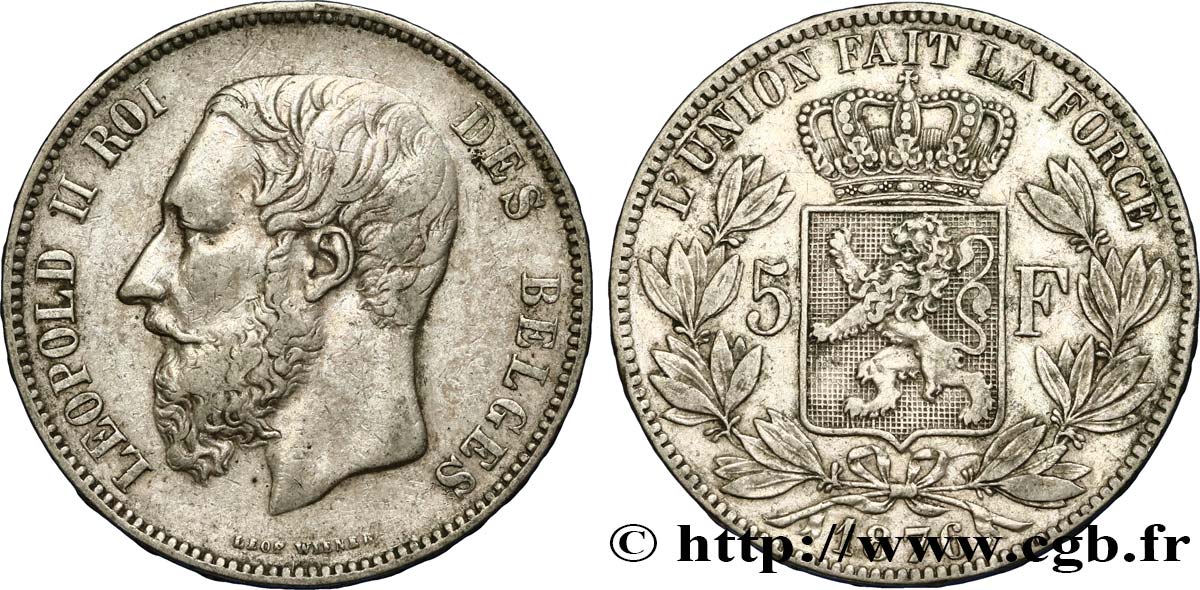 BELGIEN 5 Francs Léopold II 1876  SS 