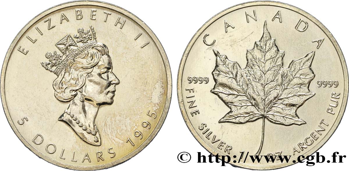 CANADá
 5 Dollars (1 once) Proof feuille d’érable 1995  EBC 