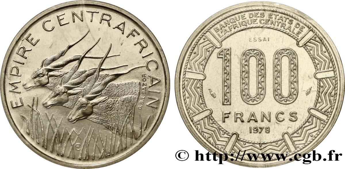 REPUBBLICA CENTRAFRICANA Essai de 100 Francs “Empire Centrafricain” antilopes 1978 Paris FDC 