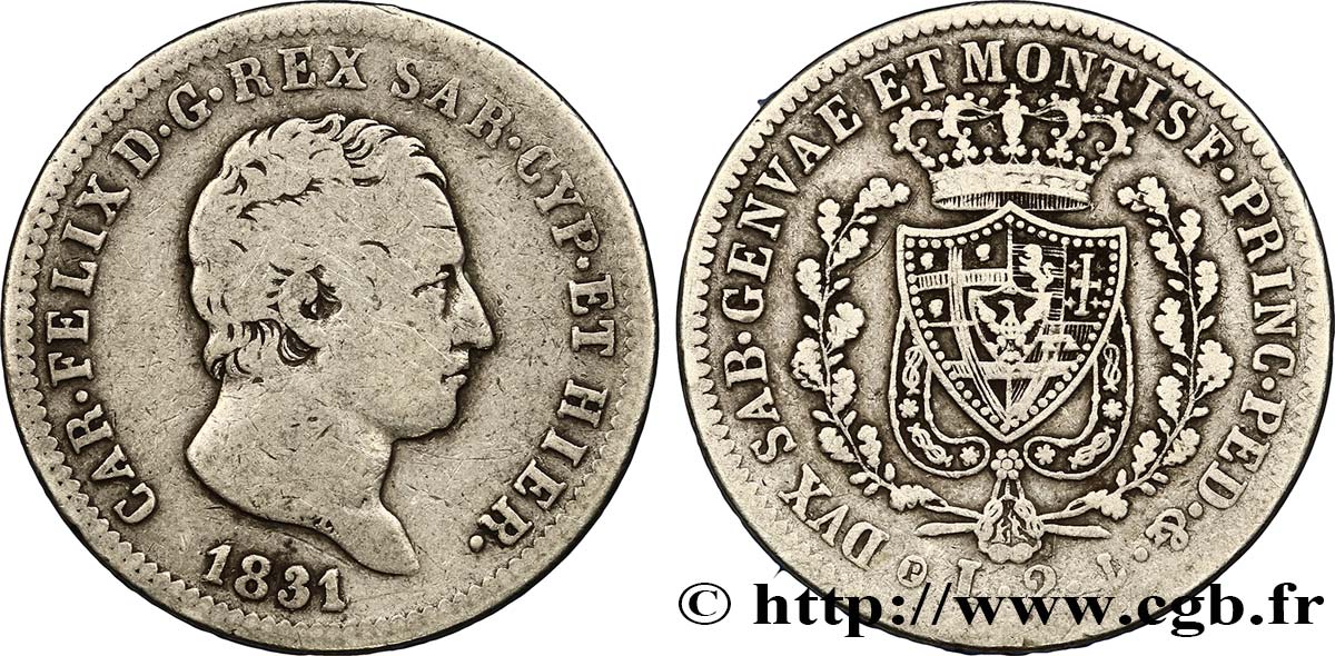 ITALY - KINGDOM OF SARDINIA 2 Lire Charles-Félix 1831 Gênes VF 