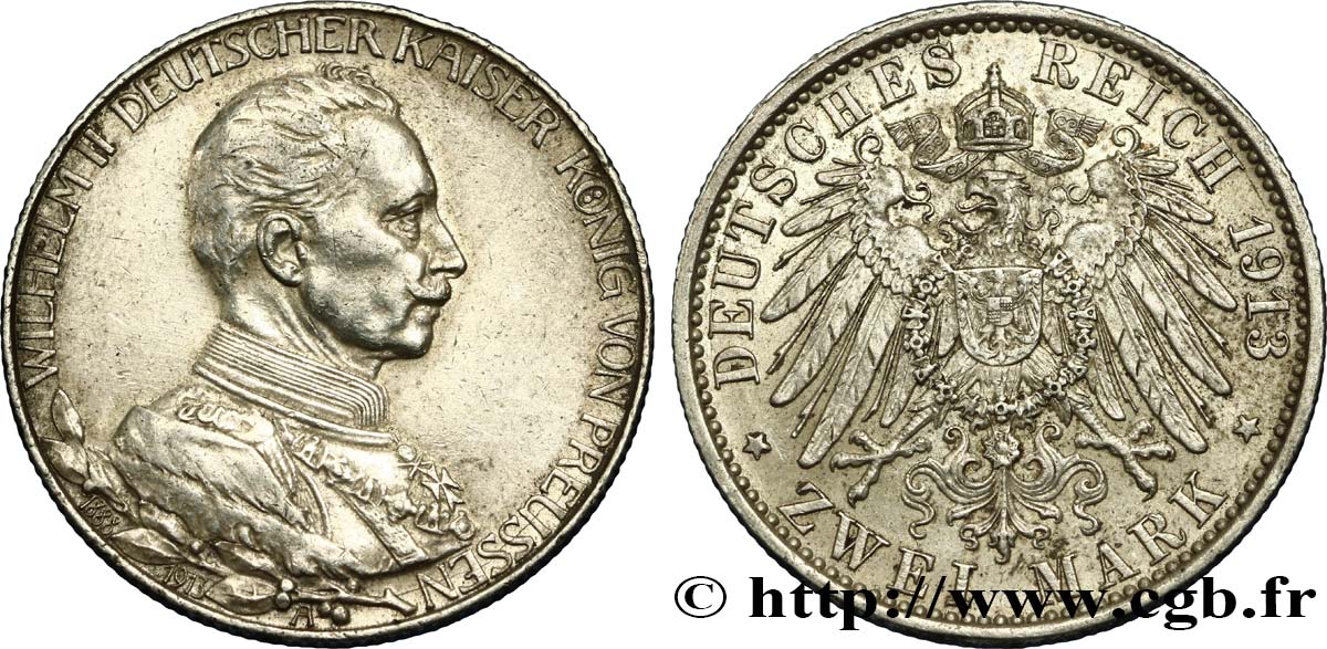 GERMANY - PRUSSIA 2 Mark 25e anniversaire de règne de Guillaume II 1913 Berlin XF 
