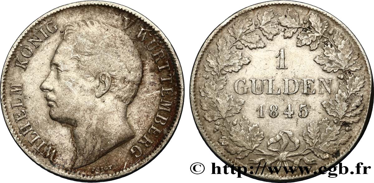 ALEMANIA - WURTEMBERG 1 Gulden Guillaume 1845 Stuttgart MBC 