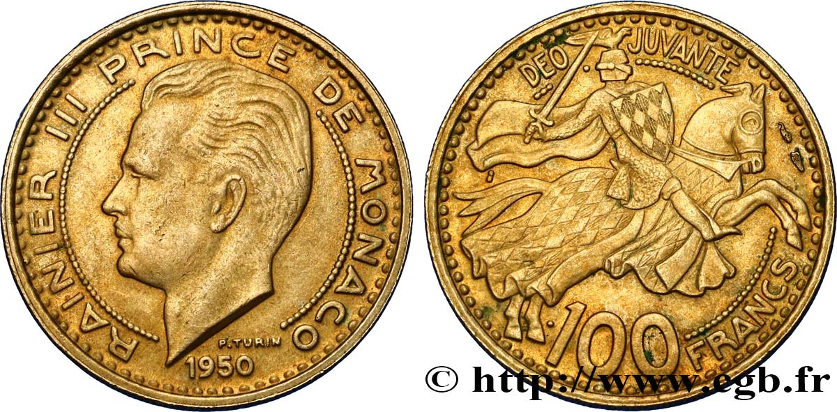 MONACO 100 Francs Rainier III / chevalier Grimaldi 1950 Paris MBC+ 