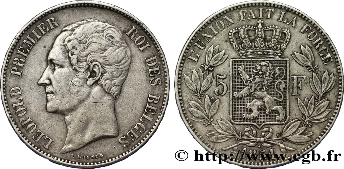 BELGIO 5 Francs Léopold Ier tête nue 1851  BB 