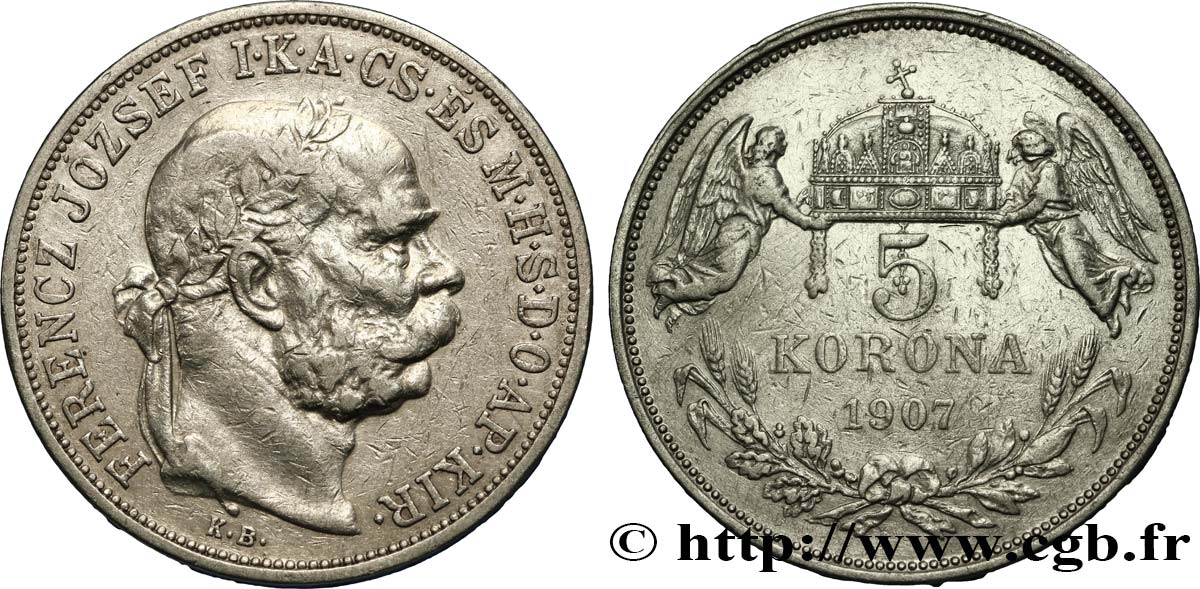 HUNGARY 5 Korona François-Joseph 1907 Kremnitz XF 