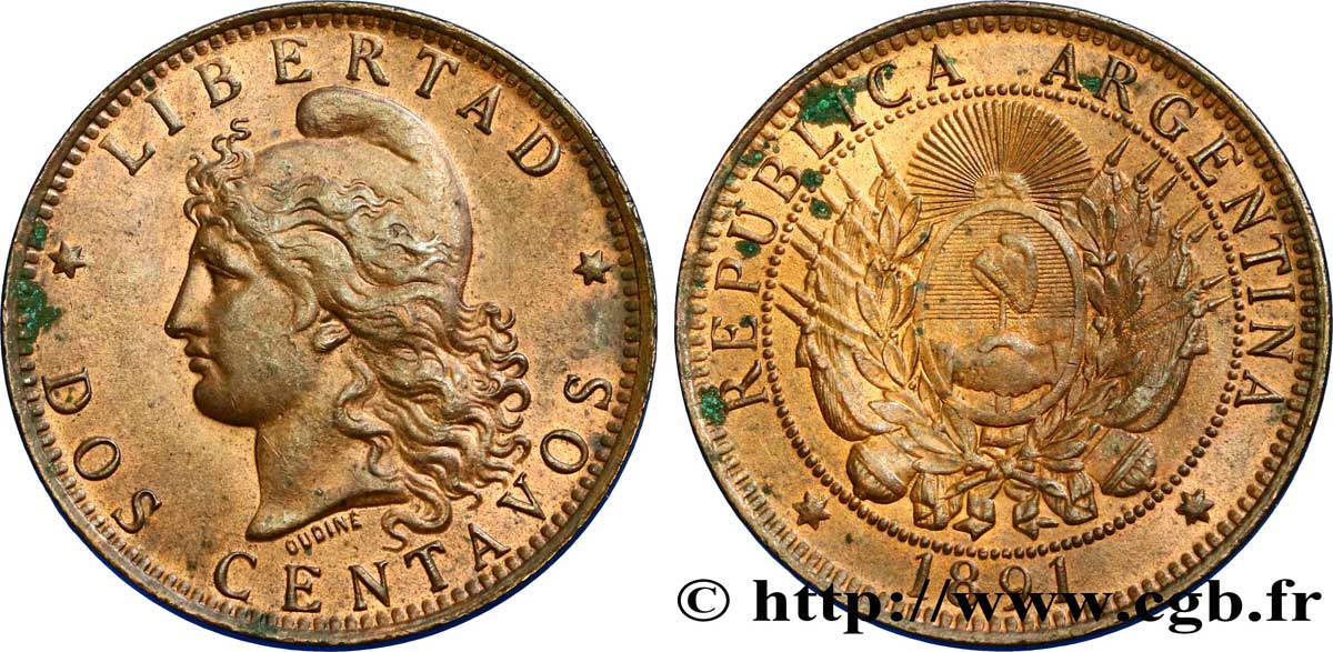ARGENTINA 2 Centavos emblème / “Liberté” 1891  EBC 