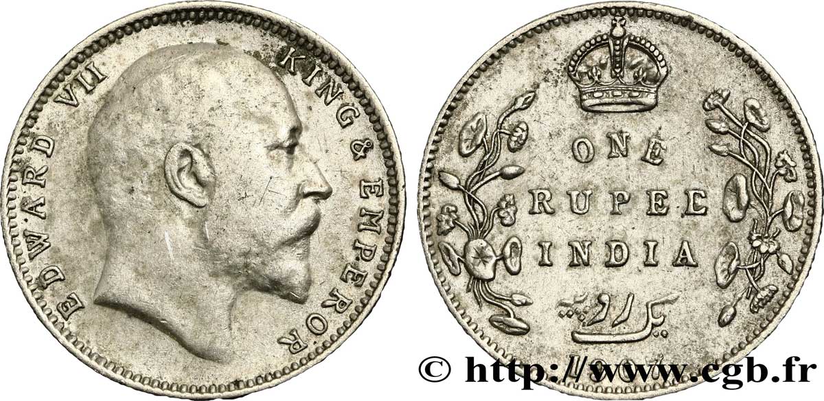 BRITISCH-INDIEN 1 Rupee (Roupie) Edouard VII 1907 Calcutta SS 