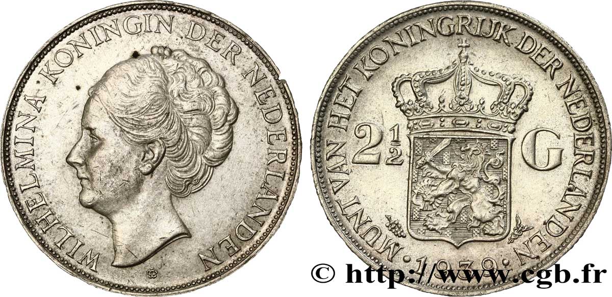 NETHERLANDS 2 1/2 Gulden Wilhelmina 1939 Utrecht AU 