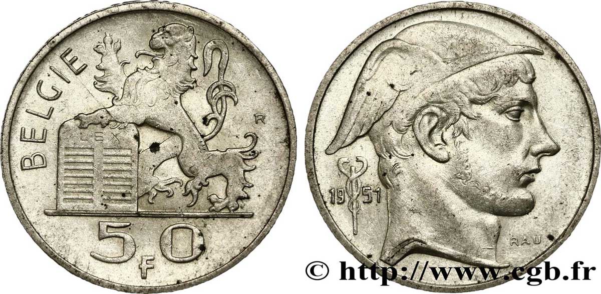 BELGIUM 50 Francs lion posé sur les tables de la loi / Mercure légende flamande 1951  XF 