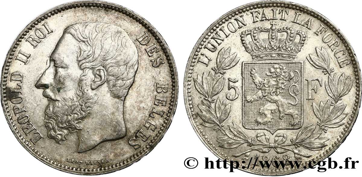 BELGIUM 5 Francs Léopold II  1868  XF/AU 