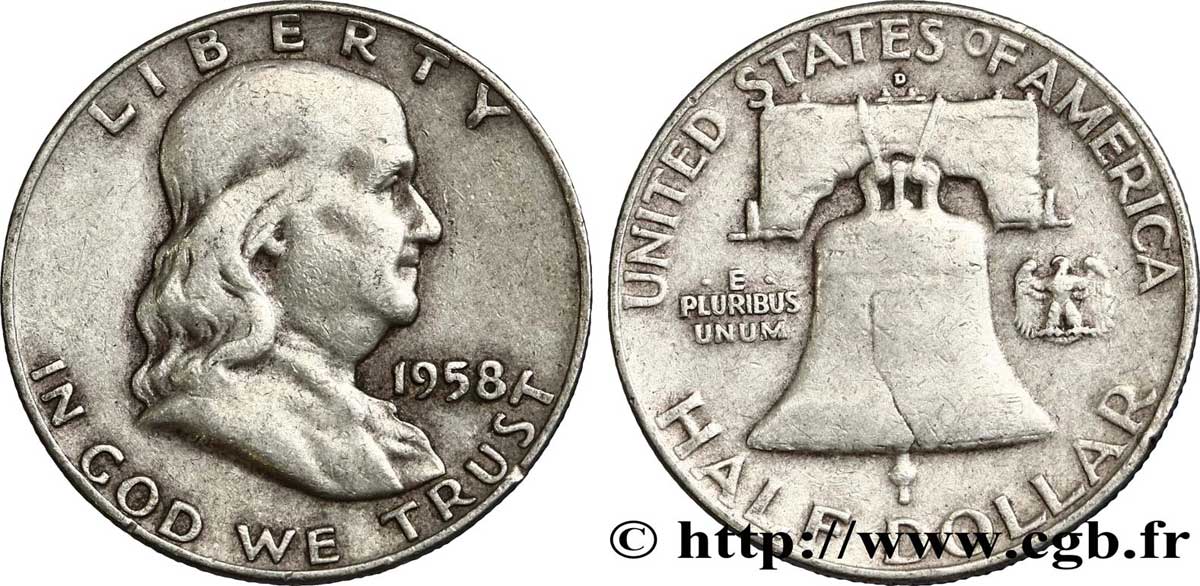 ESTADOS UNIDOS DE AMÉRICA 1/2 Dollar Benjamin Franklin 1958 Denver BC+ 