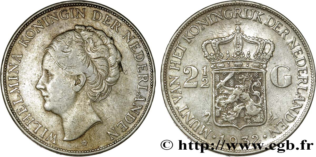 NETHERLANDS 2 1/2 Gulden Wilhelmina 1932  XF 