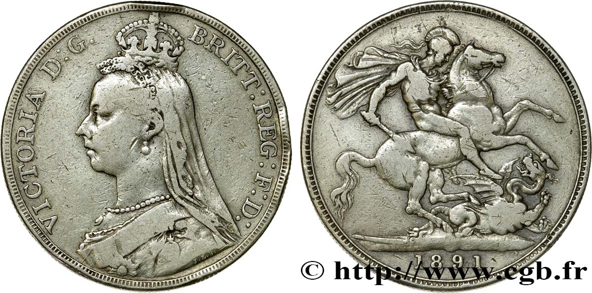 UNITED KINGDOM 1 Crown Victoria buste du jubilé / St Georges terrassant le dragon 1891  VF 